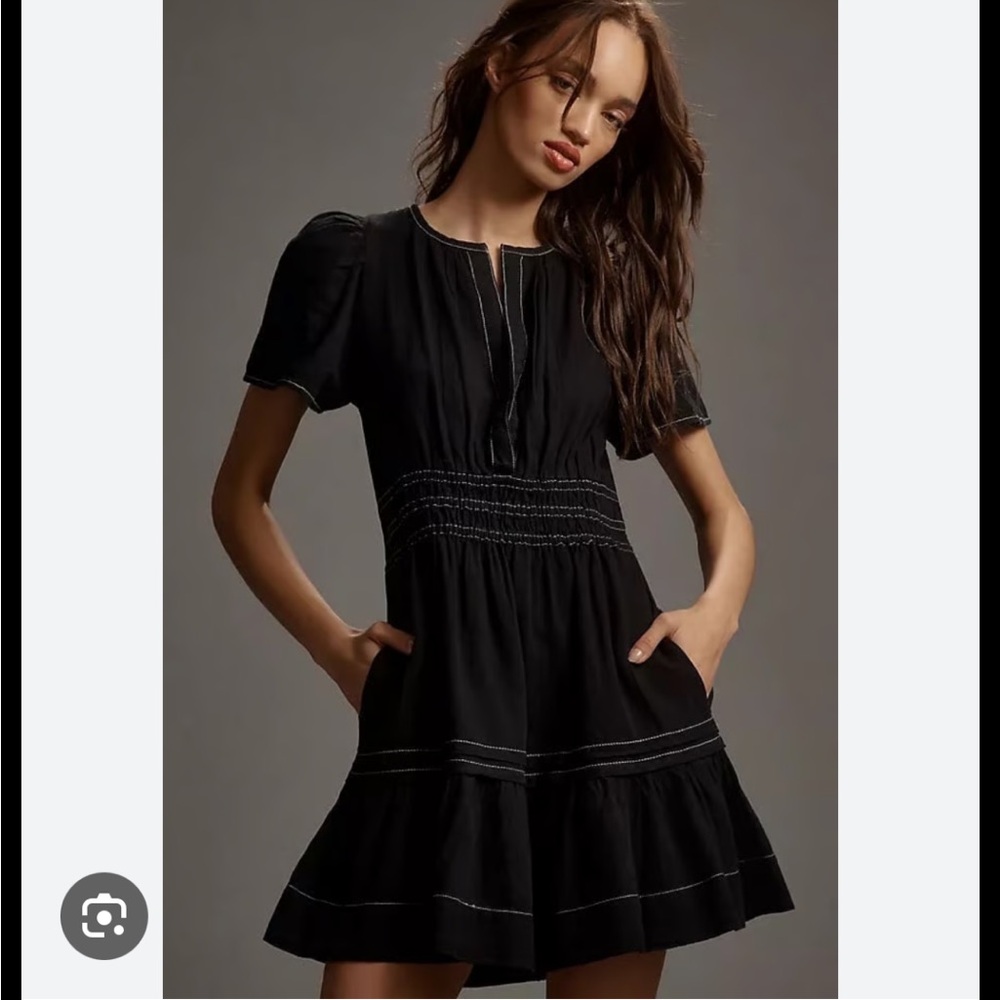 Anthropologie Black Contrast Stitch Puff Mini Dress Tiered Fit&Flare Size XS